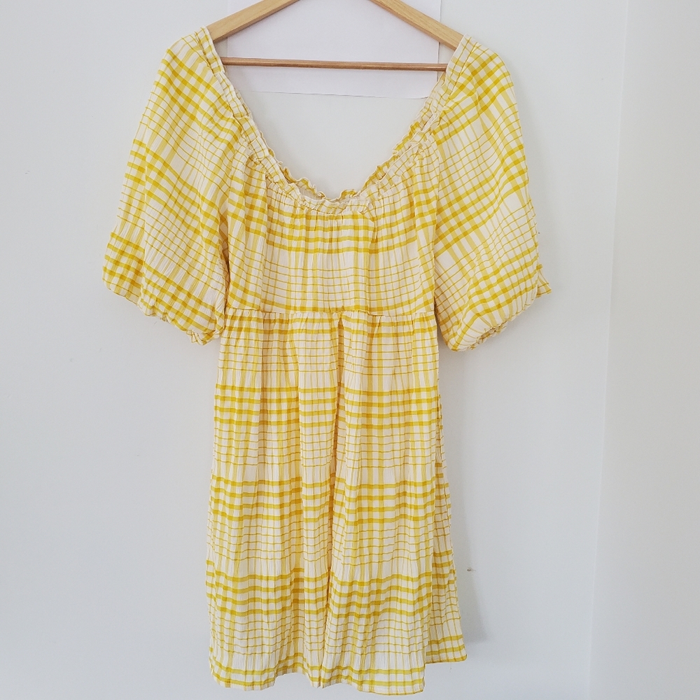 LUSH Sz M Yellow Gingham PETUNIA Mini Dress Short Balloon Sleeves Softgirl EUC